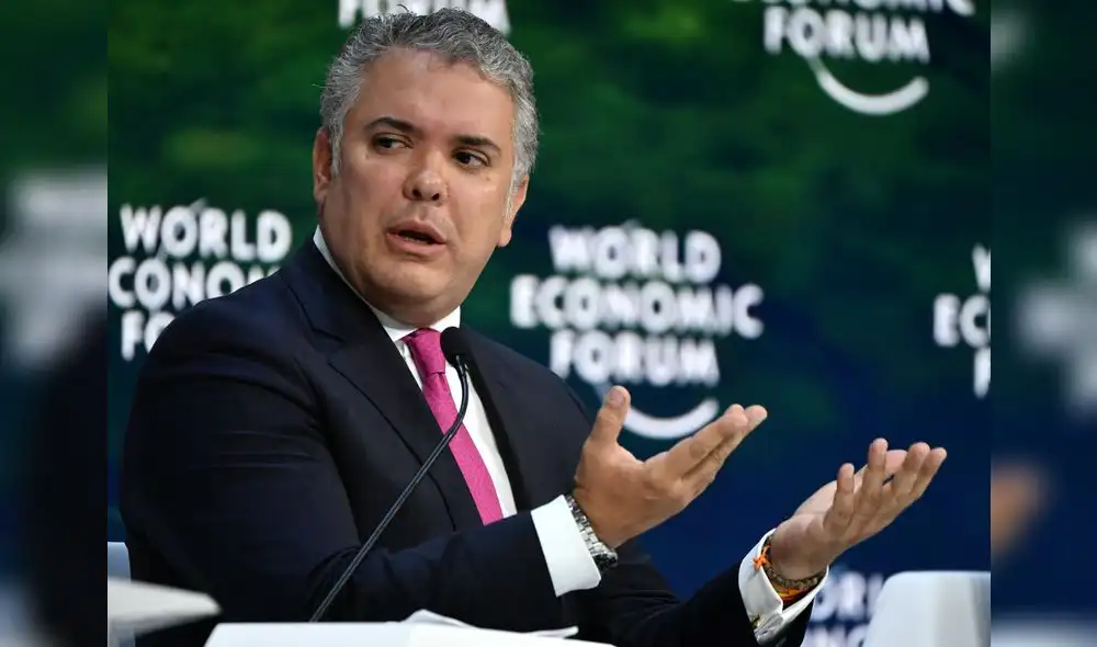 Colombian President Ivan Duque, speaks at the Securing a Sustainable Future for the Amazon, during the World Economic Forum in Davos, Switzerland, on January 22, 2020. (Photo by Fabrice COFFRINI / AFP)
