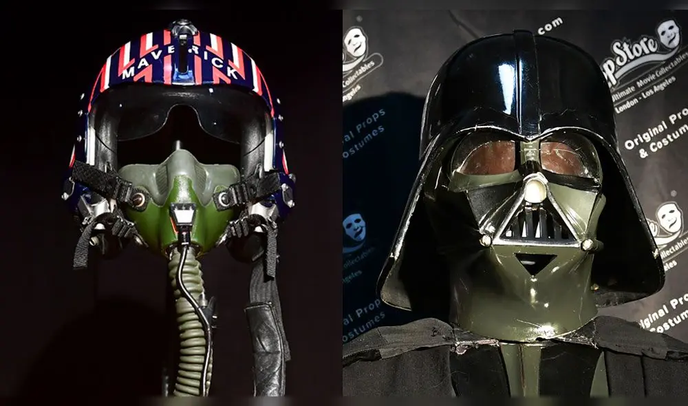 El casco de avión usado por Tom Cruise en Top Gun y el traje completo de Darth Vader. Foto: AFP