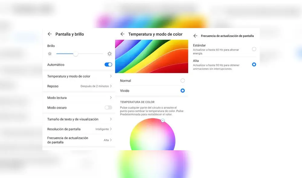 Ajustes de la pantalla del Huawei P40 Pro.
