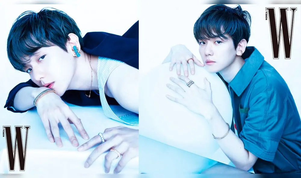 Izquierda. Baekhyun de EXO luce chaqueta negra y top sin mangas de Prada. Brazalete de oro blanco y oro rosa de Cartier. Derecha: Camisa de Fendi, joyería colección Clash de Cartier.  Wkorea. Mayo, 2020.