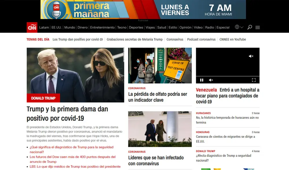 Así informó CNN en Español el positivo al Covid-19 de Donald y Melania Trump. Foto: Captura web CNN en Español.