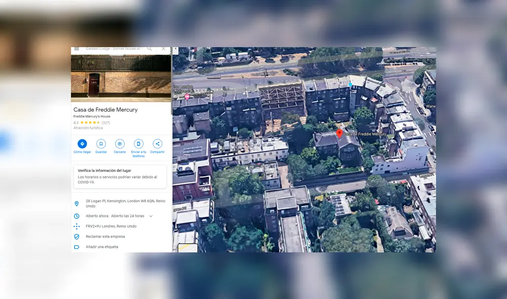 Desliza las imágenes para ver cómo luce actualmente la casa de Freddie Mercury en Google Maps. Foto: Google