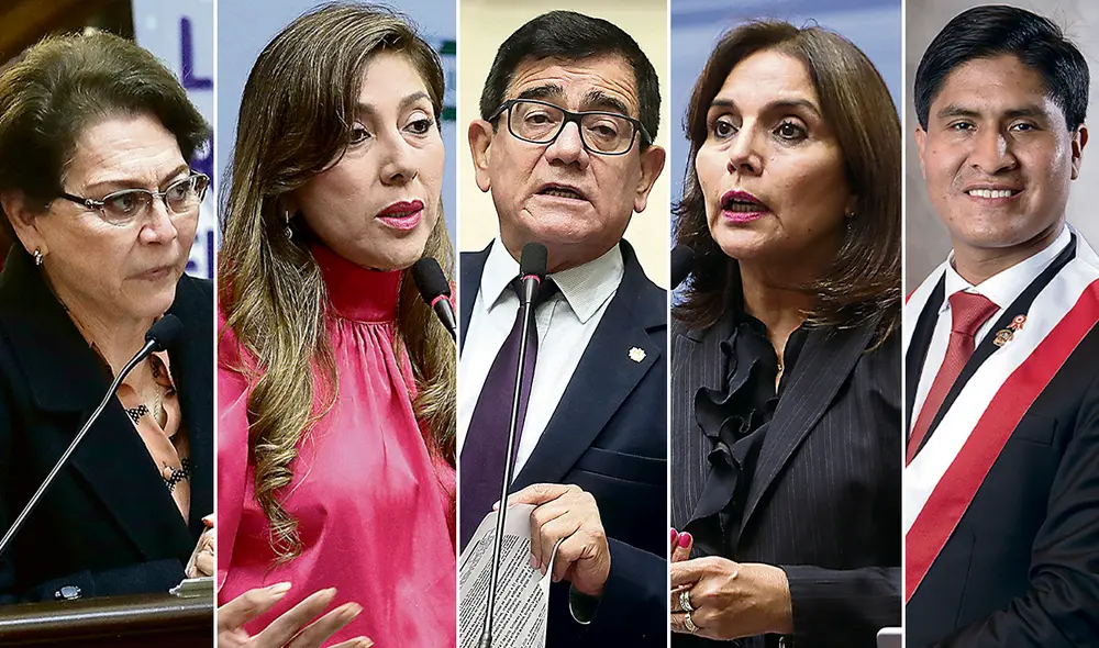 Propuesta. La congresista de APP Gladys Echaíz es la carta del fujimorismo y sus aliados. Comprometida. Los audios de Lady Camones, de APP, reflejan la pugna interna en esta bancada. Voceado. Alejandro Cavero propuso como candidato a su vocero José Williams Zapata. Patricia Juárez apoya que su colega Echaíz postule a la presidencia del Congreso. Acciopopulista. Wilson Soto. Foto: composición/ difusión