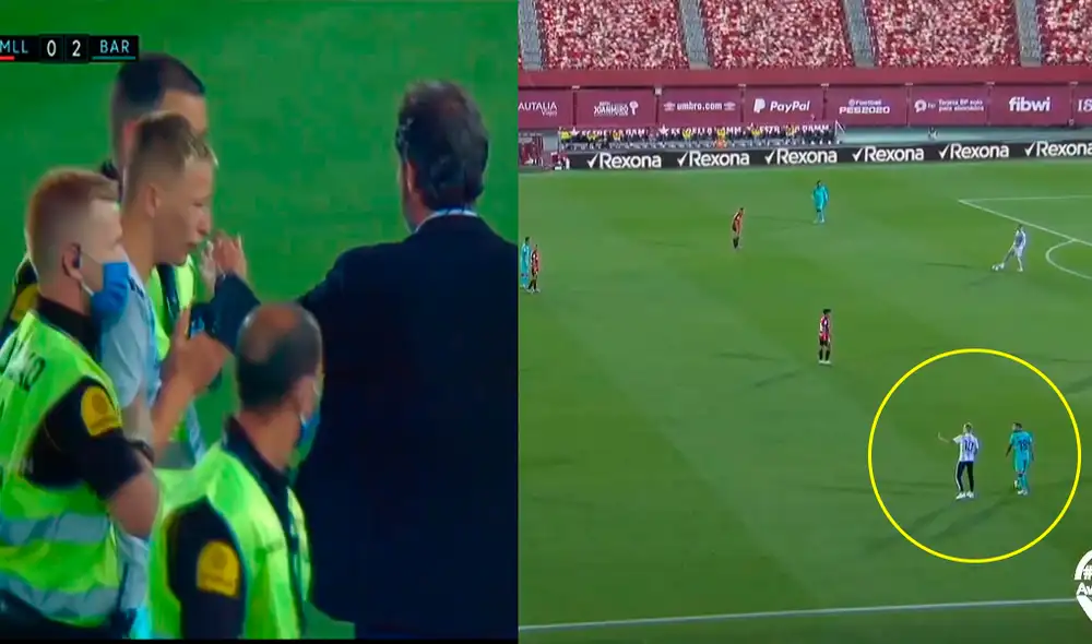 Un hombre sin mascarilla causó sorpresa al ingresar de forma intempestiva a la cancha de juego en el Barcelona vs. Mallorca. Foto: Captura TV/ESPN.