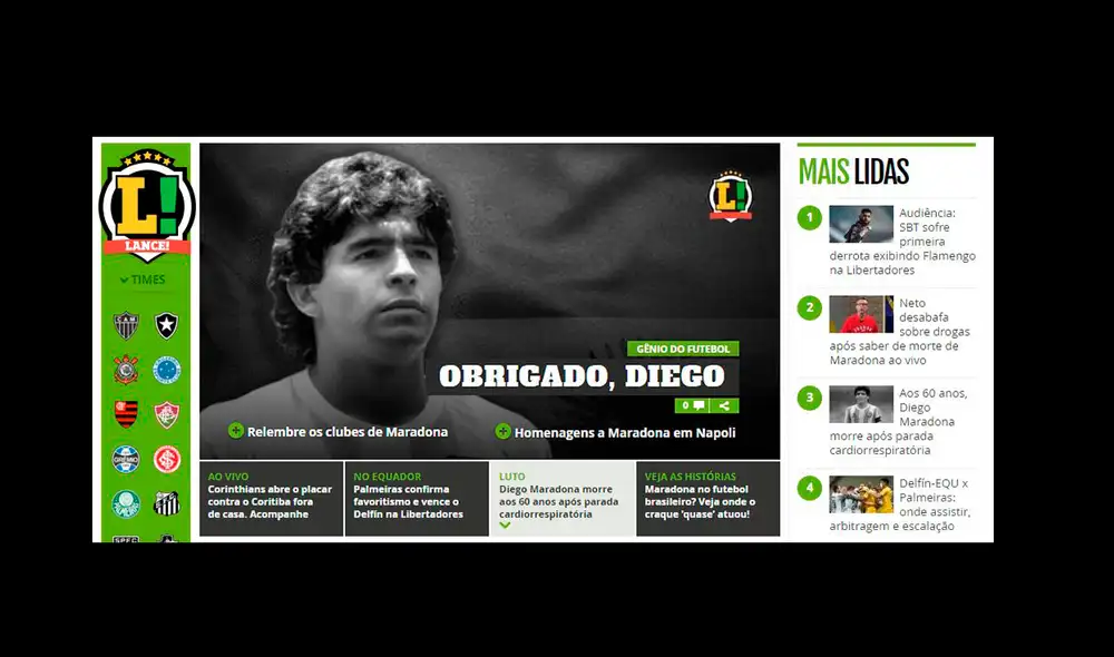 Lance! informó así sobre la muerte de Diego Armando Maradona. Foto: captura