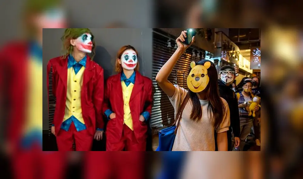Protestas en Hong Kong con máscaras de Halloween. Foto: Composición