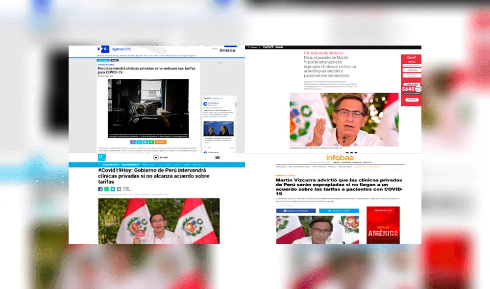 Algunos de los titulares de la prensa mundial sobre el anuncio de Vizcarra. Foto: Composición / Efe / Clarín / France 24 / Infobae. Algunos de los titulares de la prensa mundial sobre el anuncio de Vizcarra. Foto: Composición / Efe / Clarín / France 24 / Infobae.