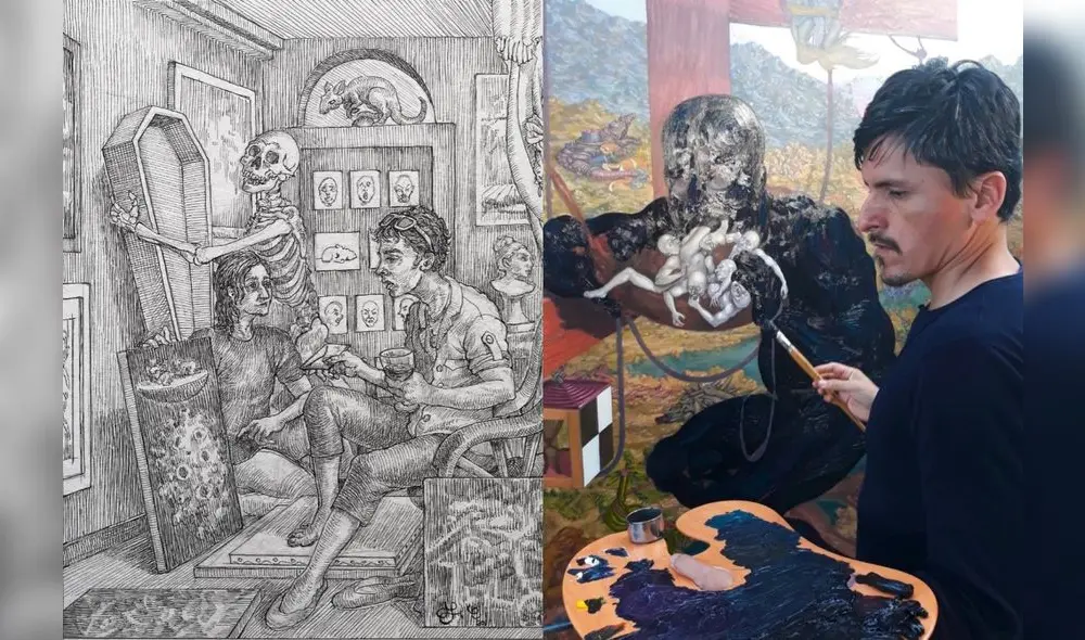 Hugo Salazar Chuquimango. Al lado, uno de sus dibujos donde ha recreado la imagen del coronavirus. Hugo Salazar Chuquimango. Al lado, uno de sus dibujos donde ha recreado la imagen del coronavirus.