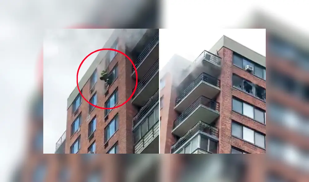 El bombero tuvo que tranquilizar a la mujer que se encontraba atrapada en el piso 16 de un edificio. Foto: Captura / Twitter