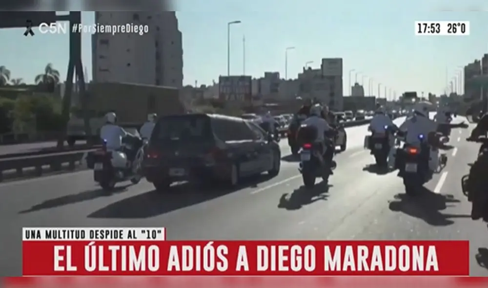 Restos de Maradona son trasladados al cementerio Bella Vista. Foto: captura de video/C5N