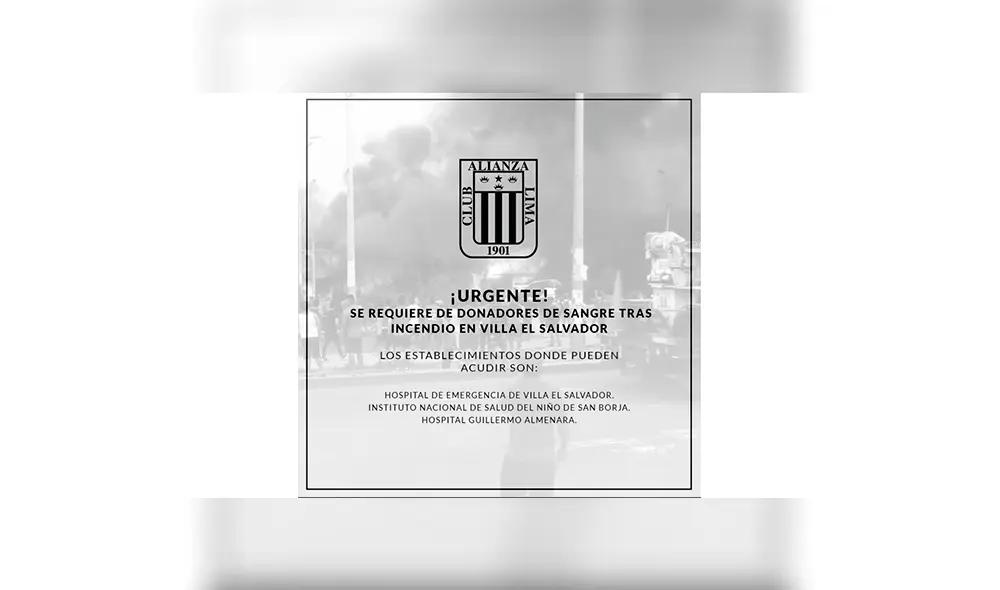 Alianza Lima y Universitario se unen campaña de donación de sangre para los afectados del incendio en Villa el Salvador. Alianza Lima y Universitario se unen campaña de donación de sangre para los afectados del incendio en Villa el Salvador.