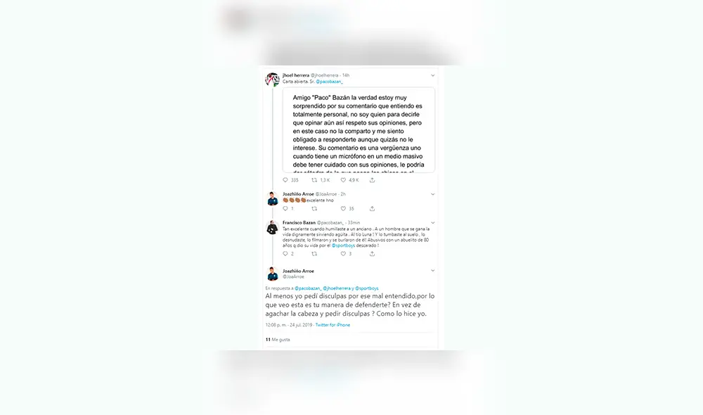 Paco Bazán responde a Joazhiño Arroé por los polémicos comentarios contra la selección peruana de fútbol femenino.