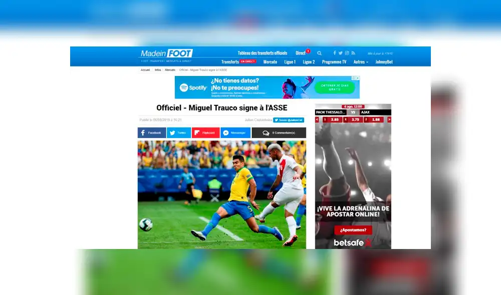 Así informaron los medios franceses sobre la incorporación de Miguel Trauco en el Saint Étienne.