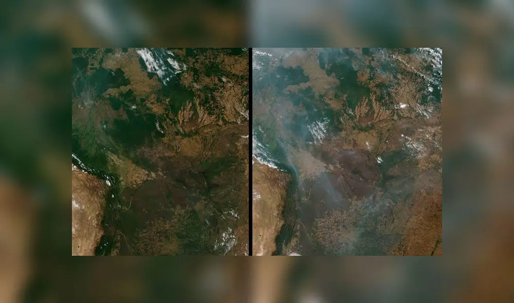 Imágenes satelitales del 30 de julio (izquierda) y 24 de agosto (derecha) de región amazónica afectada por el incendio (Brasil, Bolivia, Paraguay). Earthdata/NASA.