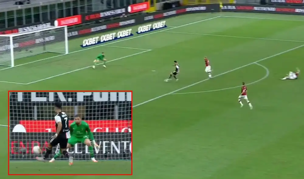 Cristiano Ronaldo aprovechó un error de la defensa del Milan para marcar el 2-0 a favor de Juventus. Foto: Captura TV/ESPN. Cristiano Ronaldo aprovechó un error de la defensa del Milan para marcar el 2-0 a favor de Juventus. Foto: Captura TV/ESPN.