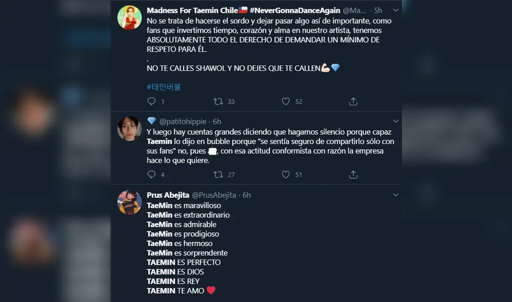 Comentario sobre Taemin. Créditos: Captura Twitter