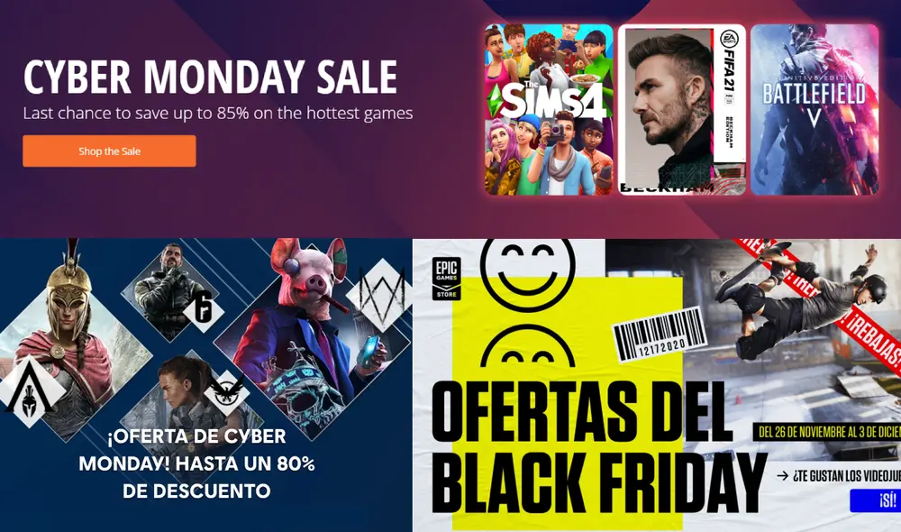 Casi todo está en oferta. ¿No sabes dónde encontrar rebajas de locura para juegos de PC? Aquí te listamos algunas de las más conocidas. Foto: Origin/Ubisoft/Epic Games Store