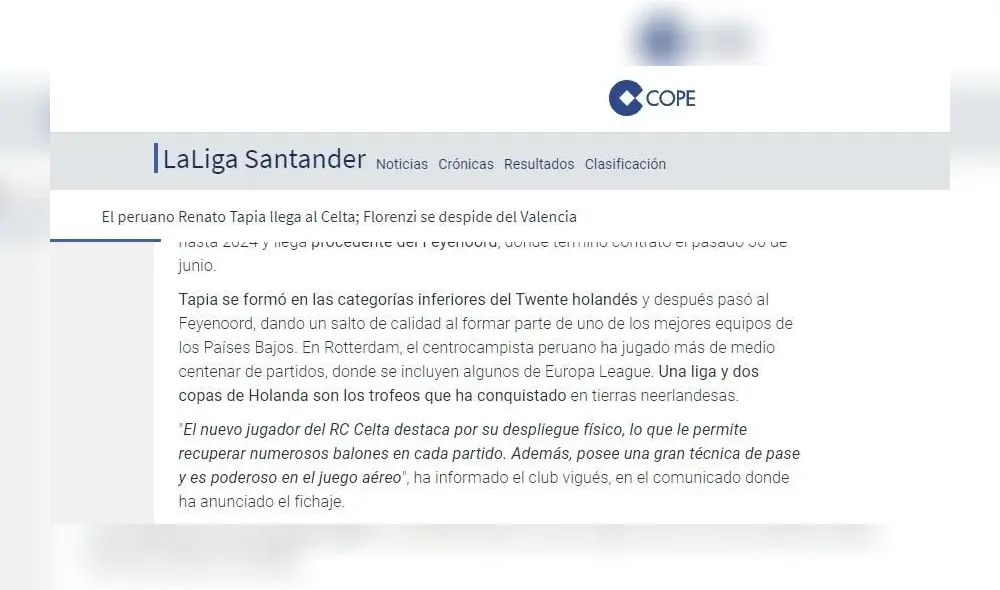 Renato Tapia: reacción de los medios a su llegada a Celta de Vigo. Foto: Cope