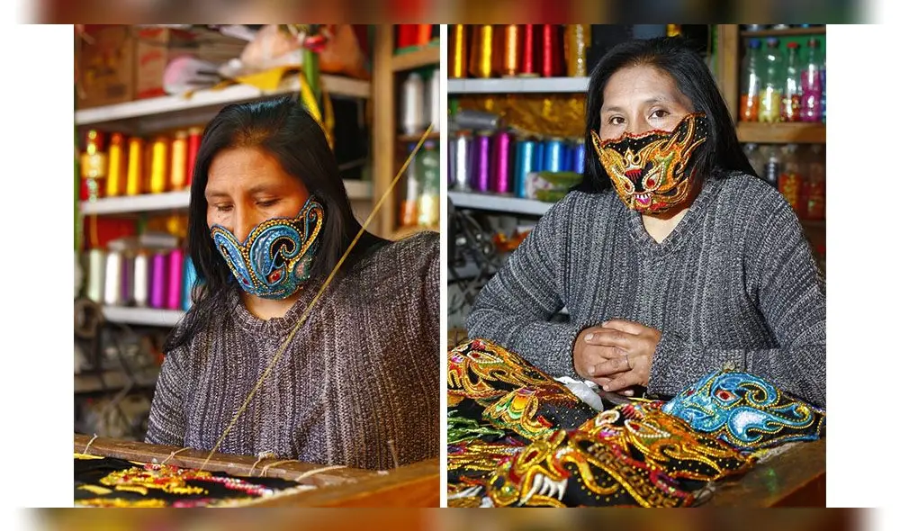 Yolanda  Chambi Nina, bordadora de Puno, aplicó todo su arte para la confección de estas mascarillas. Foto: Juan Carlos Cisneros.