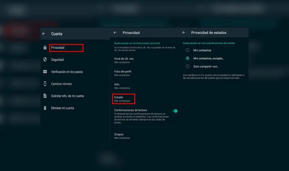 Los pasos para ocultar estados de WhatsApp a ciertas personas.