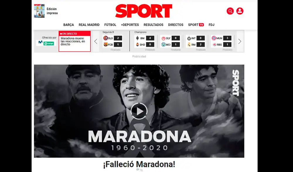 Sport informó así sobre la muerte de Diego Armando Maradona. Foto: captura