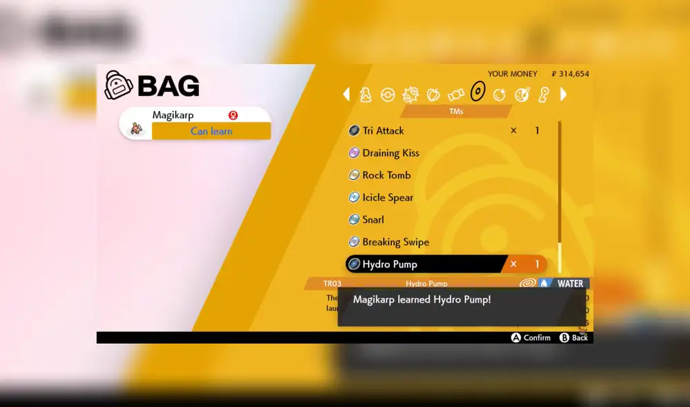 Magikarp puede aprender Hidrobomba utilizando una TM. Magikarp puede aprender Hidrobomba utilizando una TM.