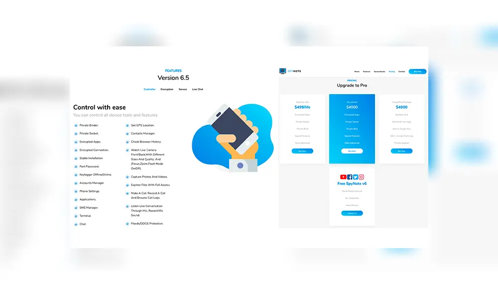 Características de SpyNote y precio de compra del sitio web oficial. | Fuente: Lookout
