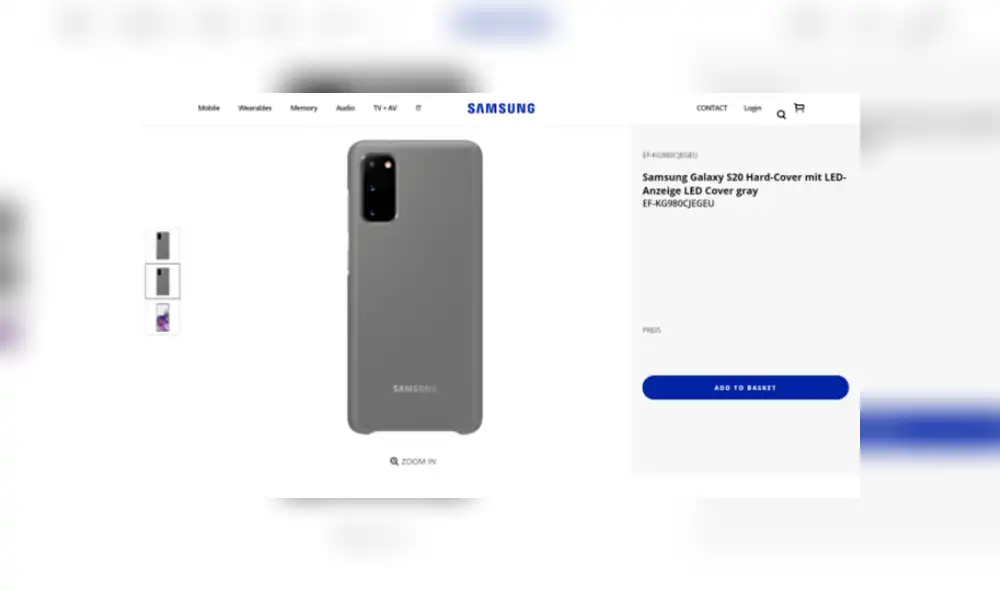 Página de soporte oficial de Samsung con el case para el Galaxy S20.