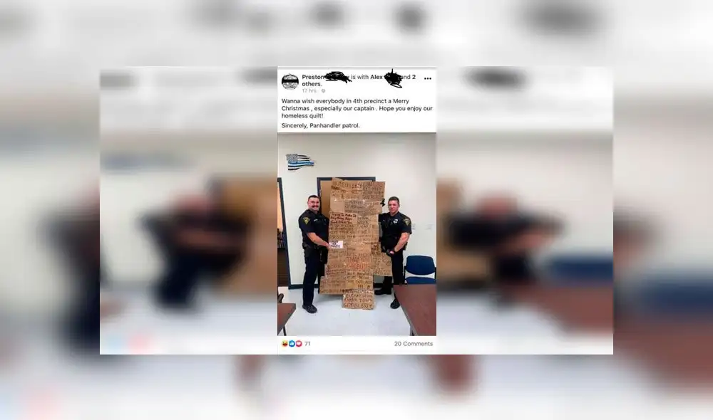 Policías posan con una “colcha” hecha de carteles decomisados a mendigos