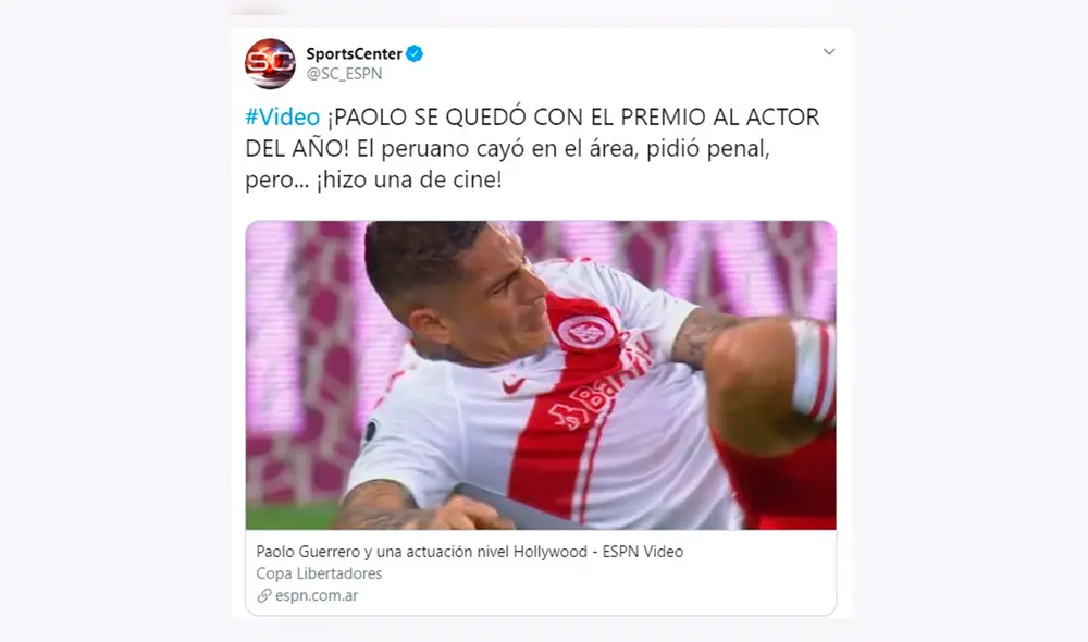 Paolo Guerrero: ESPN que el peruano hizo una actuación al nivel de Hollywood tras reclamar falta dentro del área. Paolo Guerrero: ESPN que el peruano hizo una actuación al nivel de Hollywood tras reclamar falta dentro del área.