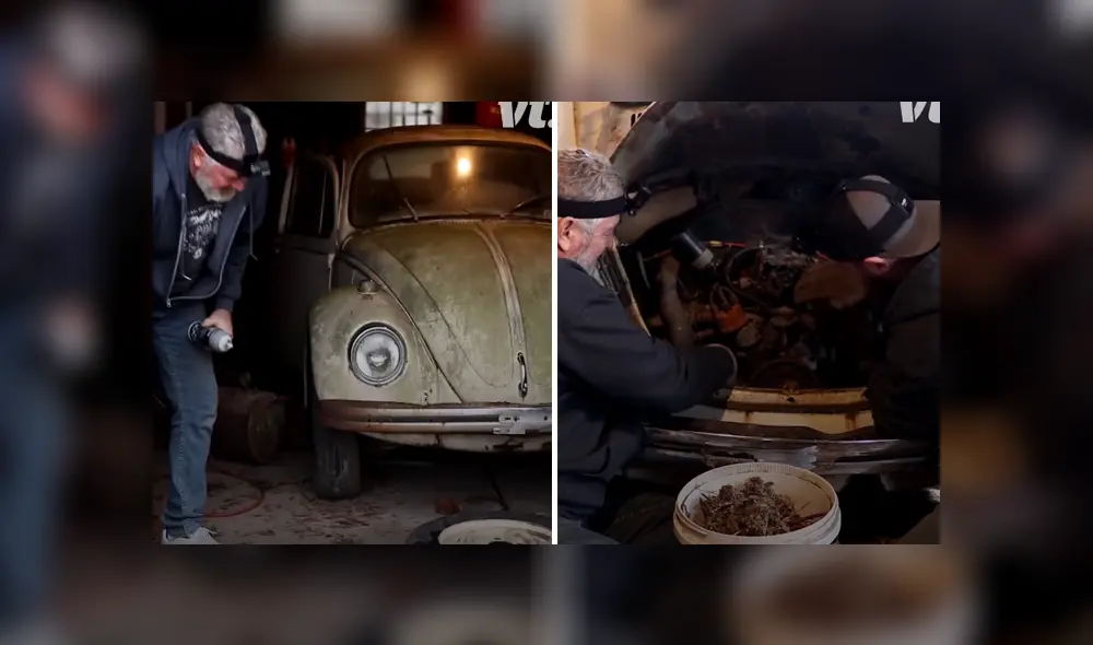 Un grupo de mecánicos logró encender un automóvil 'escarabajo' en un deplorable estado. Foto: Facebook