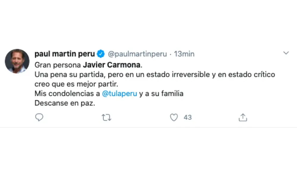 Diversas personalidades lamentaron la pérdida de Javier Carmona este 30 de setiembre. Foto: Captura Twitter