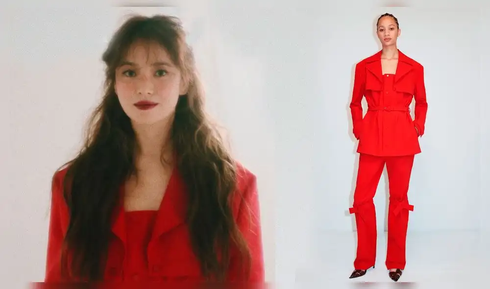 Song Hye Kyo luce un traje rojo vestido de la colección fall 2020 ready-to-wear de Bottega Veneta.