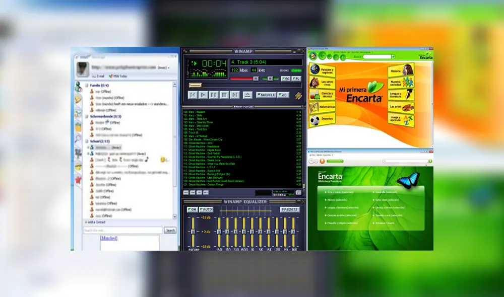 MSN Messenger, Winamp, Encarta. Foto: Captura.