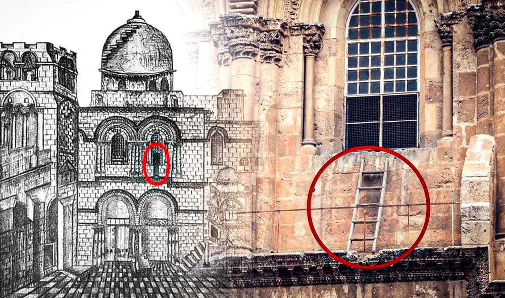 La escalera del Santo Sepulcro representa el acuerdo de Status Quo entre las agrupaciones cristianas a lo largo de los años. Foto: Clarín/ Foros de la virgen María/ composición LR