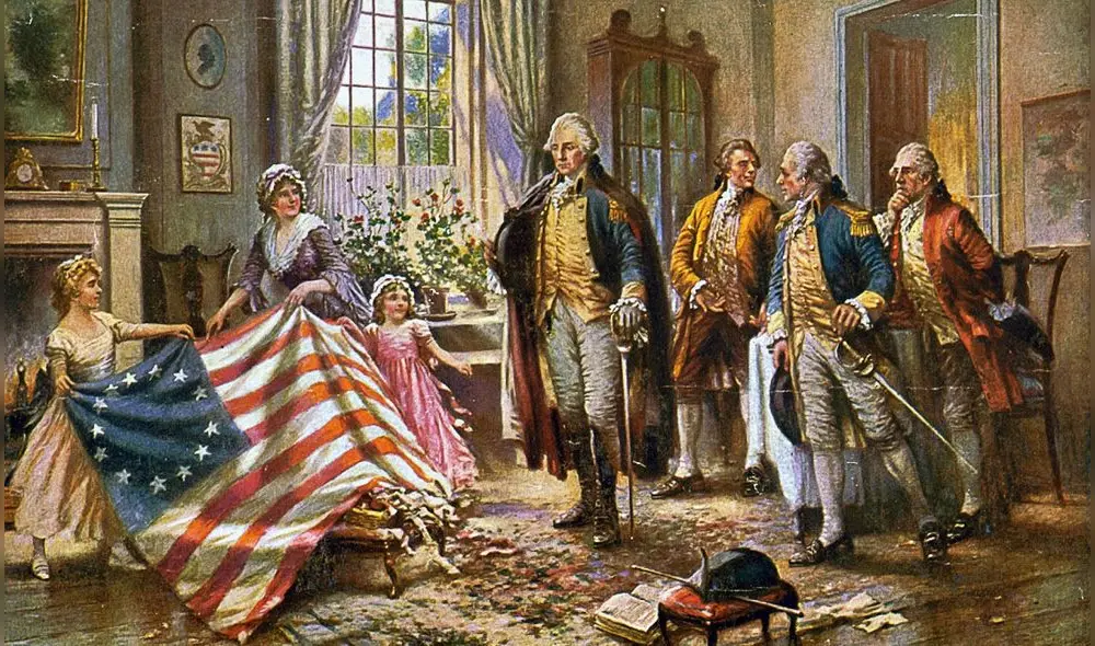 Betsy Ross, mujer que diseñó la primera versión de la primera bandera de EE.UU, mostrándole su invención a George Washington. (Foto: Difusión)
