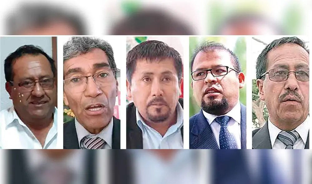 de izquierda a derecha. Jaime Chávez (Cayma), Walter Aguilar (Hunter), Elmer Cáceres (gobernador), Omar Candia (alcalde de Arequipa) y Wuilber Mendoza (Socabaya) están en la mira. de izquierda a derecha. Jaime Chávez (Cayma), Walter Aguilar (Hunter), Elmer Cáceres (gobernador), Omar Candia (alcalde de Arequipa) y Wuilber Mendoza (Socabaya) están en la mira.