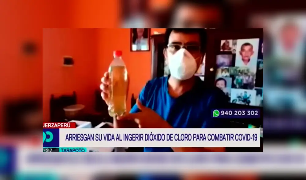 Pobladores de Tarapoto consumen lejía para combatir al coronavirus. Foto: Captura