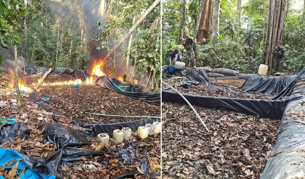 Agentes policiales lograron destruir un laboratorio clandestino donde fabricaban pasta básica de cocaína, en La Convención. Foto: PNP
