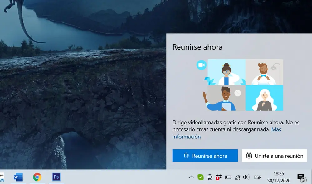 "Reunirse ahora" en la barra de tareas de Windows 10. Foto: captura de Windows 10 "Reunirse ahora" en la barra de tareas de Windows 10. Foto: captura de Windows 10