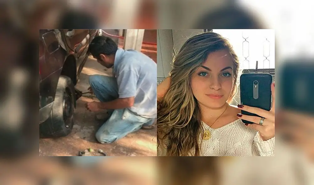 A la izquierda puede verse a Alves Pereira al cambiar el neumático. Foto: TV TEM A la izquierda puede verse a Alves Pereira al cambiar el neumático. Foto: TV TEM