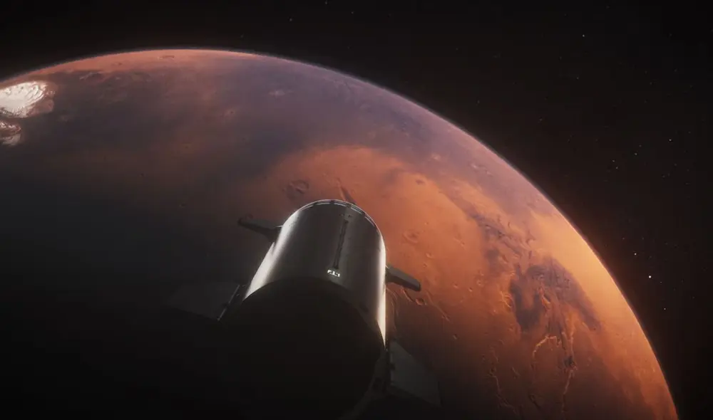 Momento del video de SpaceX que muestra a la Starship llegando a Marte. Las imágenes fueron presentadas por Elon Musk. Foto: SpaceX