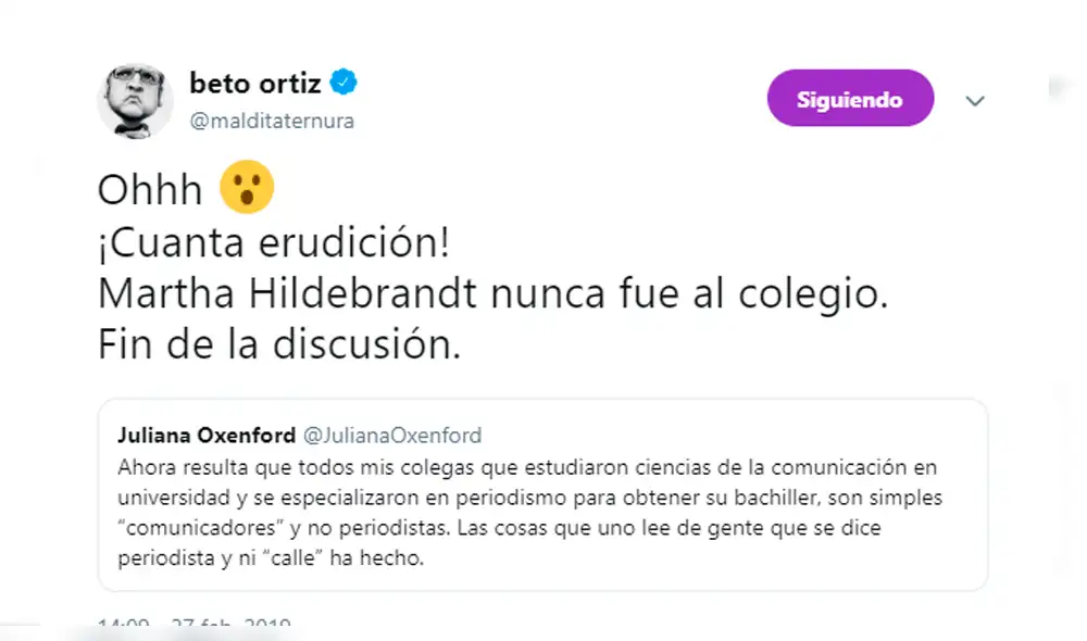 Beto Ortiz lanza comentario irónico tras la respuesta de Juliana Oxenford a un 'hater'