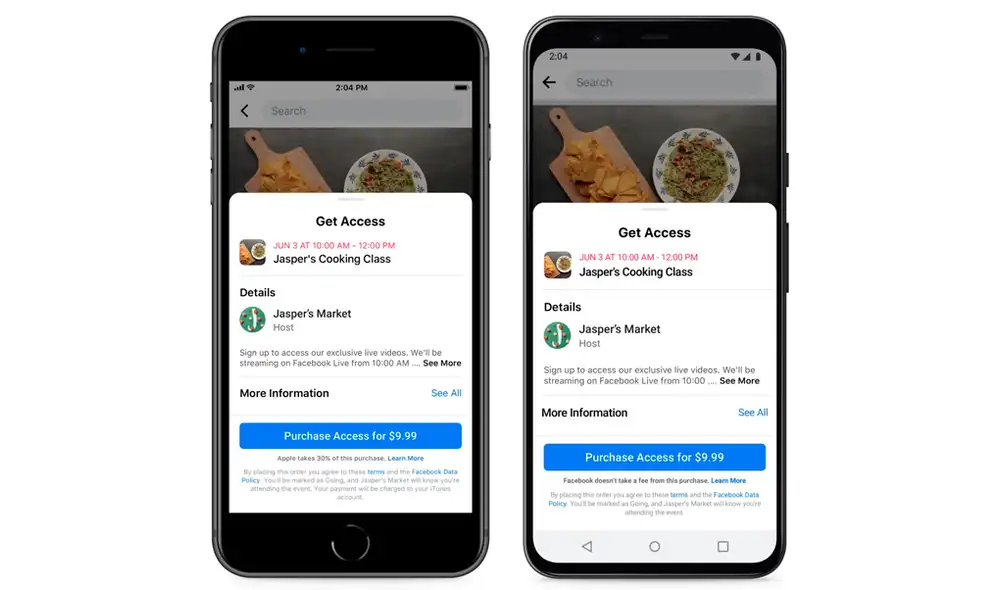 Flujo de pago en iOS (izquierda) y Android (derecha). | Foto: Facebook
