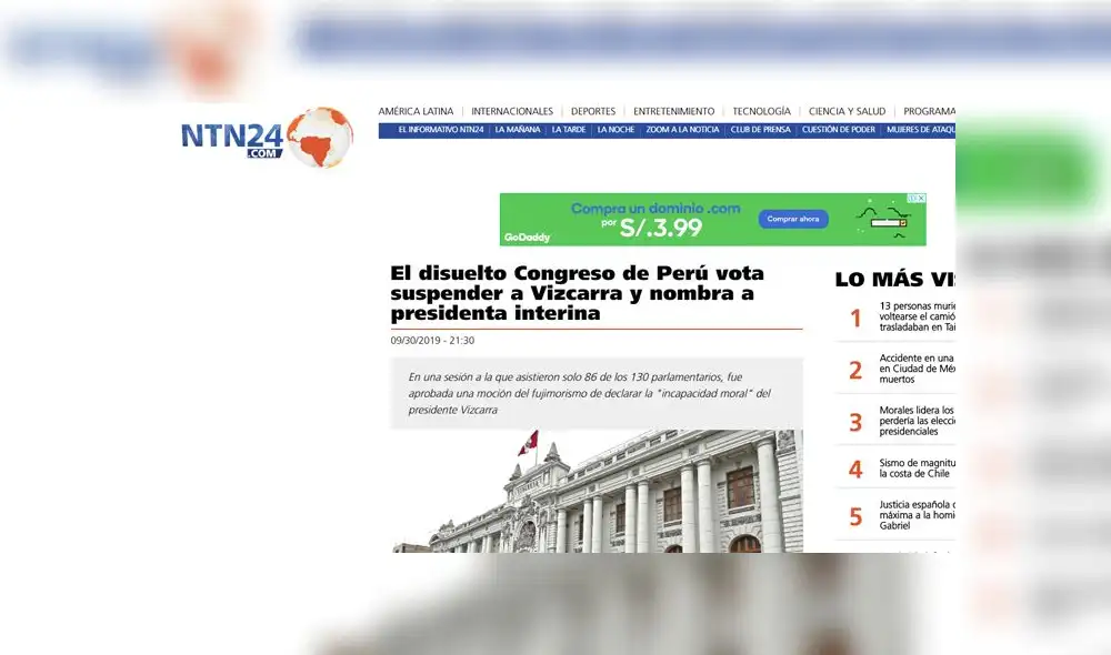Así informan los medios internacionales sobre la vacancia a Martín Vizcarra y ascenso de Mercedes Aráoz a la presidencia interina del Perú. Foto: Captura Así informan los medios internacionales sobre la vacancia a Martín Vizcarra y ascenso de Mercedes Aráoz a la presidencia interina del Perú. Foto: Captura