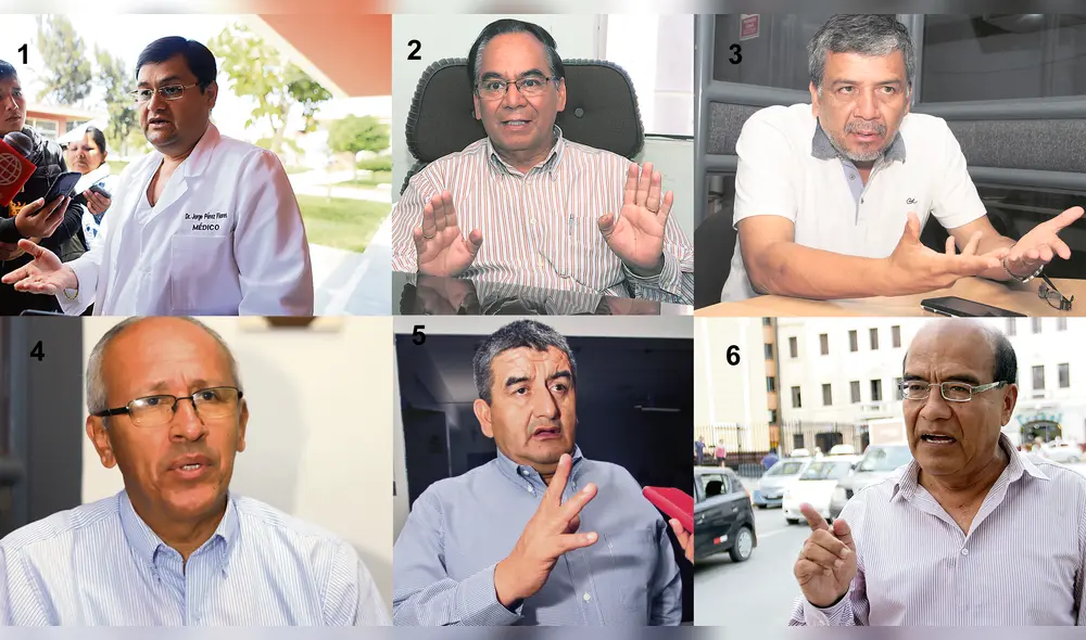 1. Médico Jorge Pérez Flores. 2. Ingeniero industrial Marco Cardoso. 3. Arquitecto Antonio Uriarte Núñez. 4. Economista Moisés Montenegro. 5 Ingeniero Humberto Acuña Peralta. 6. Abogado Guillermo Segura Díaz. 1. Médico Jorge Pérez Flores. 2. Ingeniero industrial Marco Cardoso. 3. Arquitecto Antonio Uriarte Núñez. 4. Economista Moisés Montenegro. 5 Ingeniero Humberto Acuña Peralta. 6. Abogado Guillermo Segura Díaz.