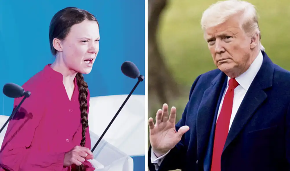 Dos posiciones. Greta Thunberg y Donald Trump. El último ha intentado en todo momento ningunear el discurso de la activista climática. (Fotos: AFP)