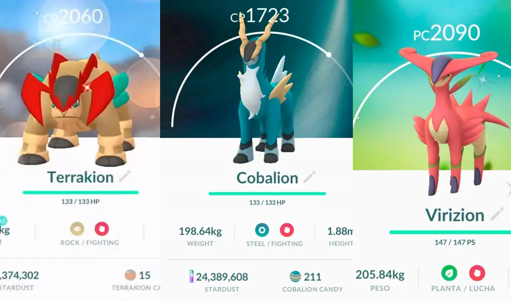 Terrakion, Cobalion y Virizion shiny en Pokémon GO. Foto: Pokémon GO