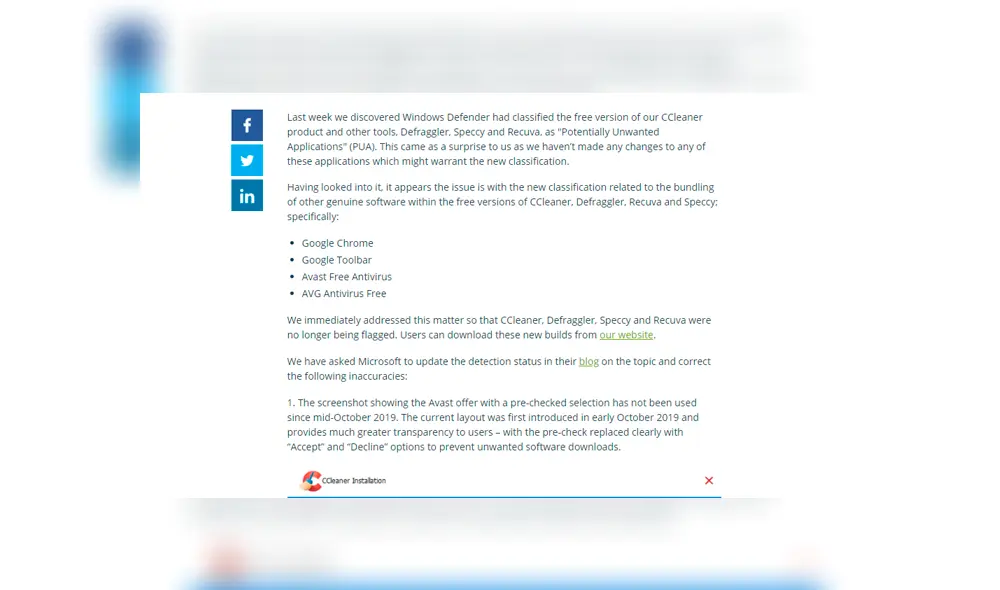 Hace algunas semanas, Windows Defender incluyó como PUA a CCleaner, provocando que su desarrollador se pronuncie. Imagen: Ccleaner.com