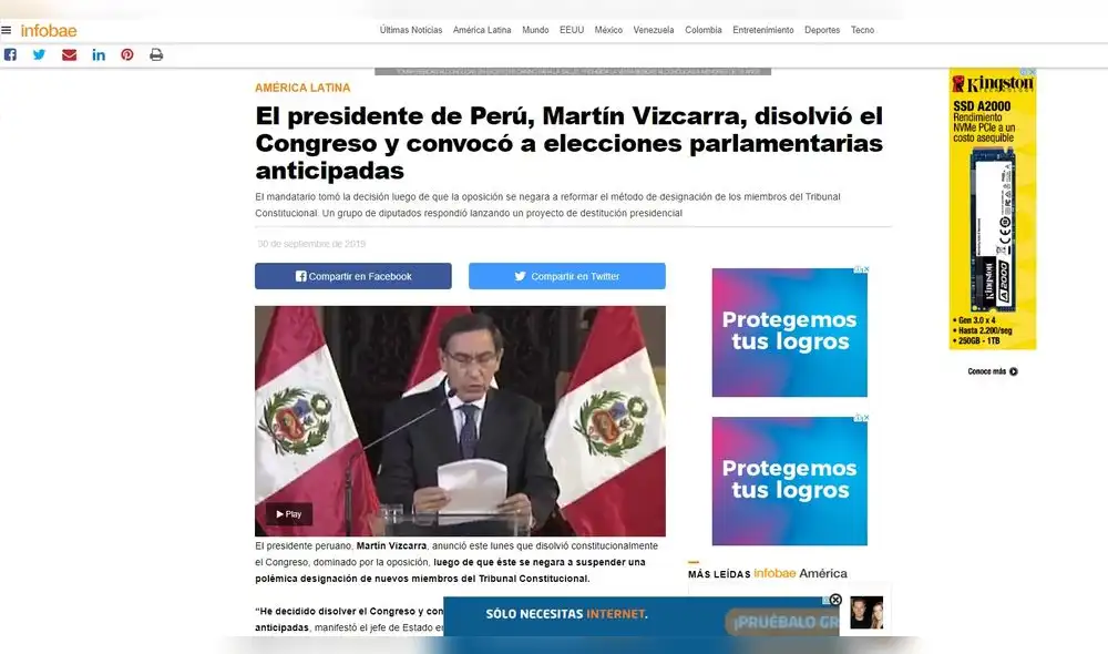 Así informa la prensa internacional la disolución del Congreso. Foto: Captura Así informa la prensa internacional la disolución del Congreso. Foto: Captura